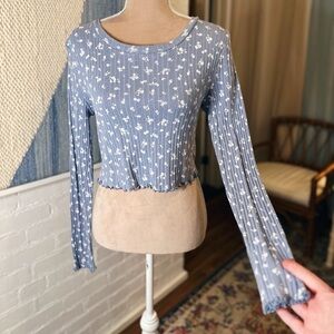 Aero The OG Tee Collection Blue Floral Ribbed Lettuce Edge Top